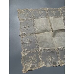 Antique Handmade Belgian Style Lace Handkerchief Floral Scroll Net Lace